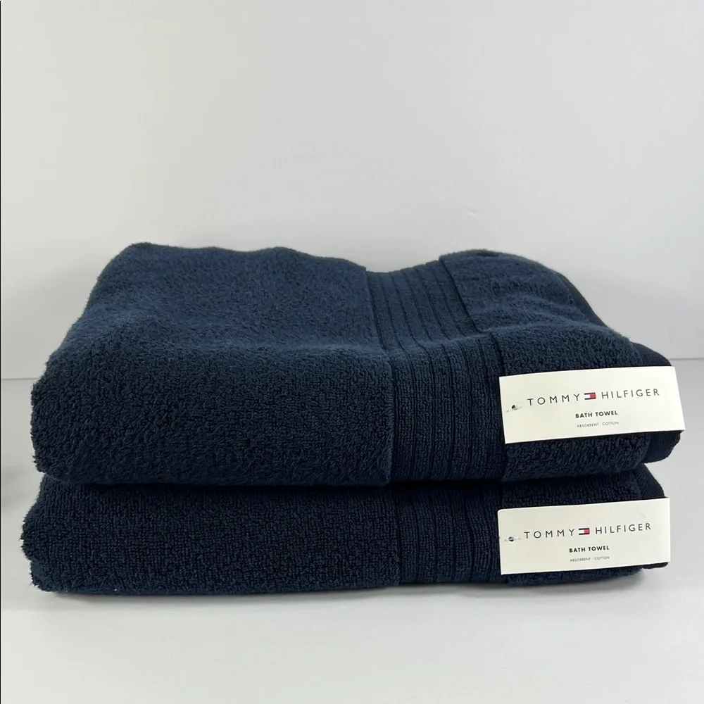 Tommy Hilfiger Bath Towels Set of 2 Fifth Ave Blue Navy Plush 100% Cotton NEW